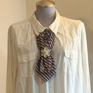 Hand Crafted Purple and Cream Striped Floral Brooch Necktie Accent